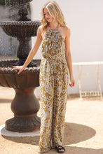 Golden Olive/Blue Halter Backless Tie Back Waisted Jumpsuit