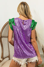 Purple/Mustard Mardi Gras Sequin Color Block Ruffled Top