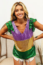 Purple/Mustard Mardi Gras Sequin Color Block Ruffled Top