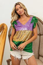 Purple/Mustard Mardi Gras Sequin Color Block Ruffled Top