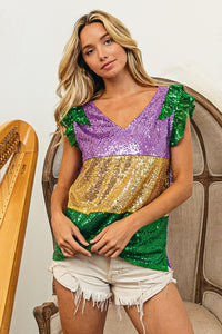 Purple/Mustard Mardi Gras Sequin Color Block Ruffled Top