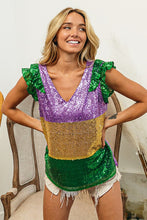 Purple/Mustard Mardi Gras Sequin Color Block Ruffled Top