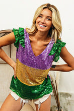 Purple/Mustard Mardi Gras Sequin Color Block Ruffled Top