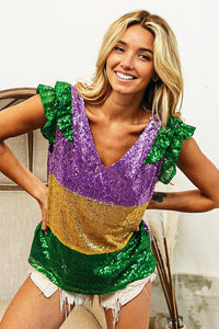 Purple/Mustard Mardi Gras Sequin Color Block Ruffled Top