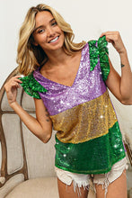 Purple/Mustard Mardi Gras Sequin Color Block Ruffled Top