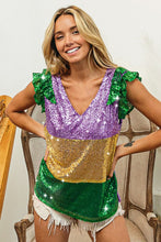 Purple/Mustard Mardi Gras Sequin Color Block Ruffled Top