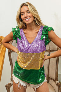Purple/Mustard Mardi Gras Sequin Color Block Ruffled Top