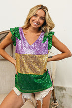 Purple/Mustard Mardi Gras Sequin Color Block Ruffled Top