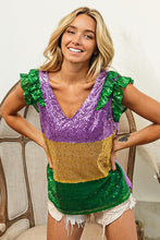 Purple/Mustard Mardi Gras Sequin Color Block Ruffled Top