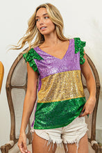 Purple/Mustard Mardi Gras Sequin Color Block Ruffled Top