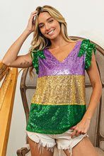 Purple/Mustard Mardi Gras Sequin Color Block Ruffled Top