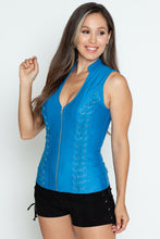 Turquoise Pleather Sleeveless Zip Up Top With Cross Cut