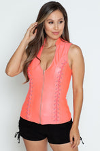 Coral Pleather Sleeveless Zip Up Top With Cross Cut