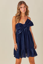 Navy Bow Detail Iridescent Mini Dress With Ruffle