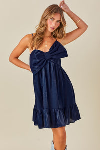 Navy Bow Detail Iridescent Mini Dress With Ruffle