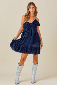 Navy Bow Detail Iridescent Mini Dress With Ruffle