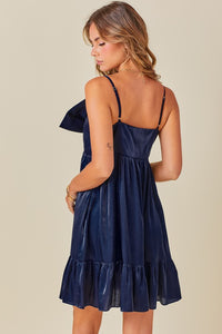 Navy Bow Detail Iridescent Mini Dress With Ruffle