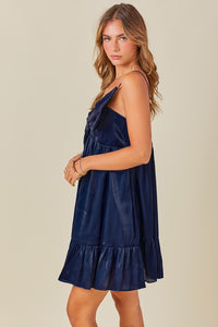 Navy Bow Detail Iridescent Mini Dress With Ruffle