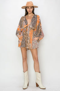Orange Multi Batwing Sleeved Boho Paisley Print Romper