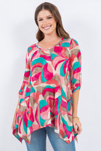 Multi Magenta Abstract Print Tunic Shirt Roll Tab Sleeve