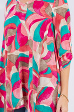 Multi Magenta Abstract Print Tunic Shirt Roll Tab Sleeve