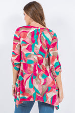 Multi Magenta Abstract Print Tunic Shirt Roll Tab Sleeve