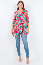 Multi Magenta Abstract Print Tunic Shirt Roll Tab Sleeve