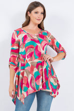 Multi Magenta Abstract Print Tunic Shirt Roll Tab Sleeve
