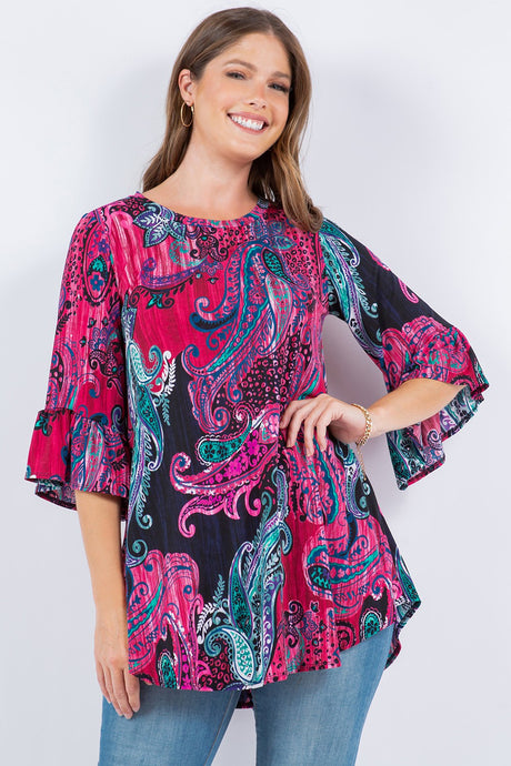 Multi Magenta Paisley Print Tunic Top Detail On The Sleeves
