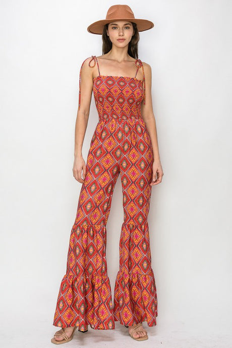 Red Multi Boho Print Smocked Flared Jumpsuit