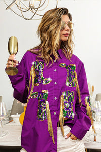 Purple Mardi Gras Sequin Boots Embroidery Shirt