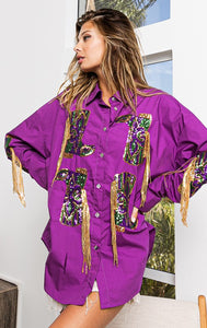 Purple Mardi Gras Sequin Boots Embroidery Shirt