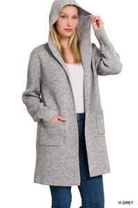 Grey Hooded Open Front Sweater Cardigan