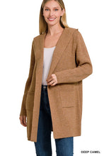 Deep Camel Hooded Open Front Sweater Cardigan
