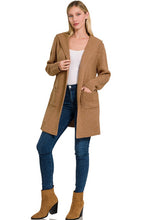 Deep Camel Hooded Open Front Sweater Cardigan
