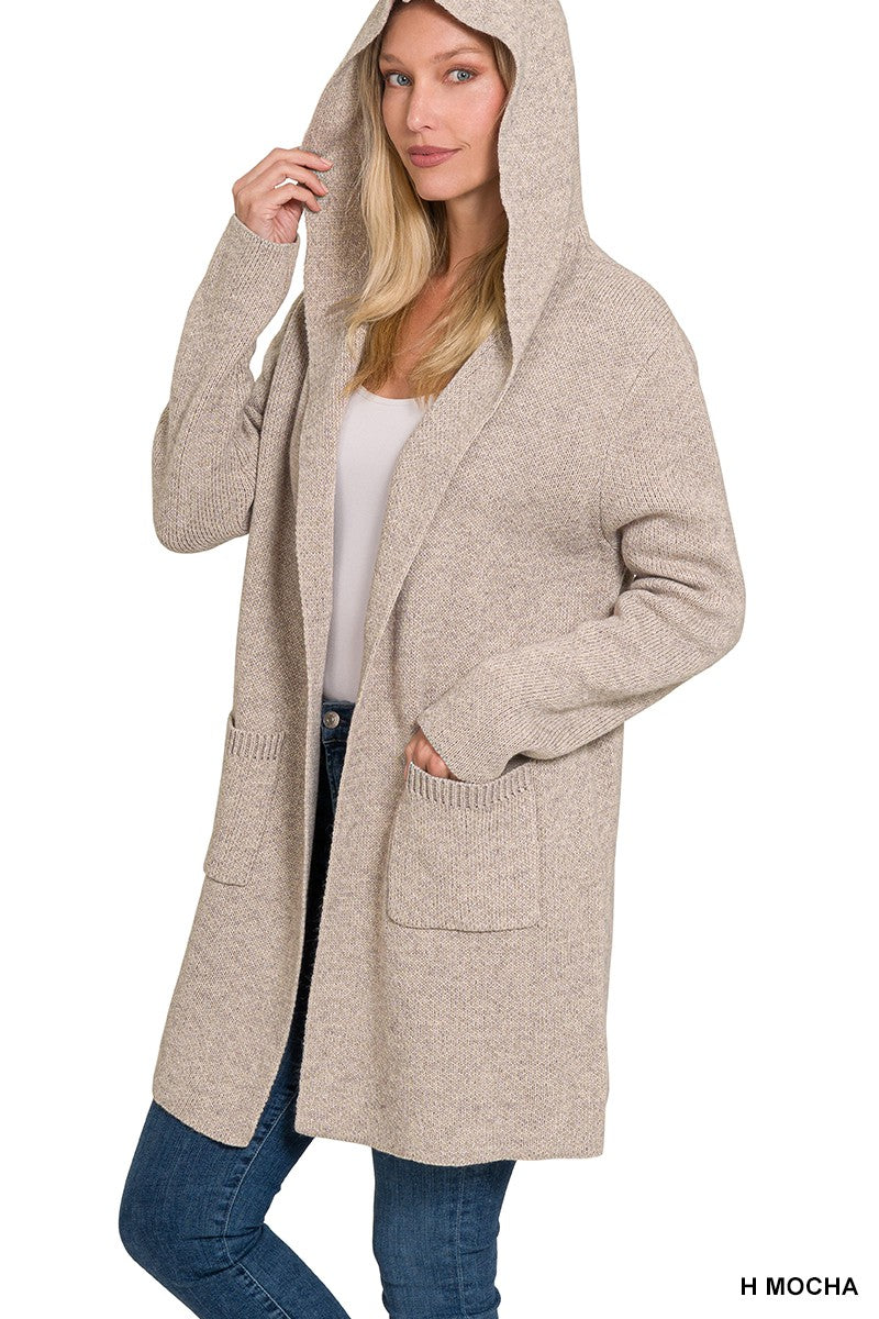 Mocha Hooded Open Front Sweater Cardigan