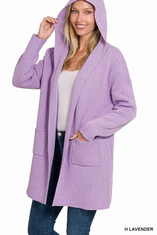 Lavender Hooded Open Front Sweater Cardigan
