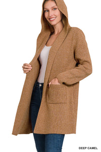 Deep Camel Hooded Open Front Sweater Cardigan