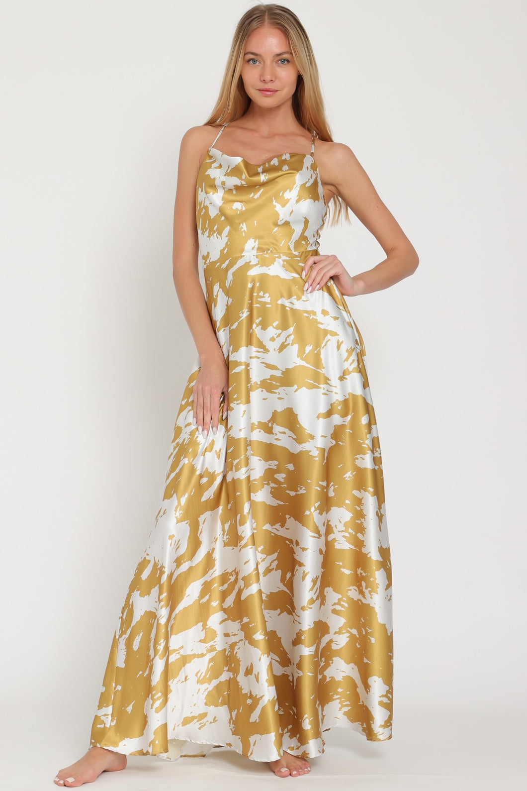 Silver/Golden Mustard Cowl Thin Adjustable Strap Maxi Dress