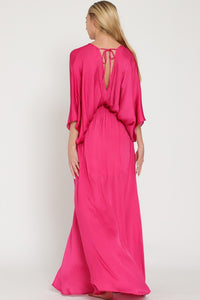 Berry Kimono Sleeve Tie Back Neck Elastic Waisted Maxi
