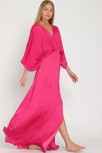 Berry Kimono Sleeve Tie Back Neck Elastic Waisted Maxi