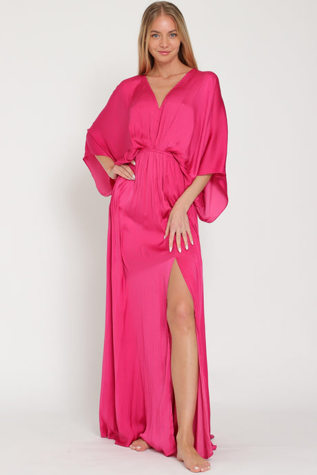 Berry Kimono Sleeve Tie Back Neck Elastic Waisted Maxi