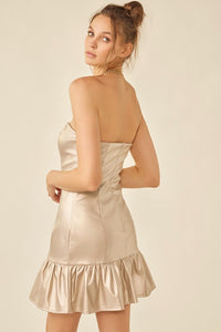 Champagne Gold Bodycon Pu Mini Dress With Bottom Ruffle Detail