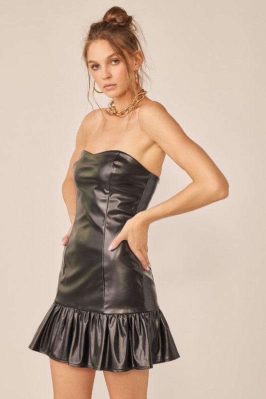 Black Bodycon Pu Mini Dress With Bottom Ruffle Detail Aquarius Brand Black Bodycon Pu Mini Dress With Bottom Ruffle Detail Aquarius Brand