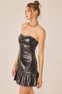 Black Bodycon Pu Mini Dress With Bottom Ruffle Detail