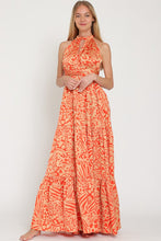 Camel/Coral Halter Back Cross Strap Tiered Maxi Dress