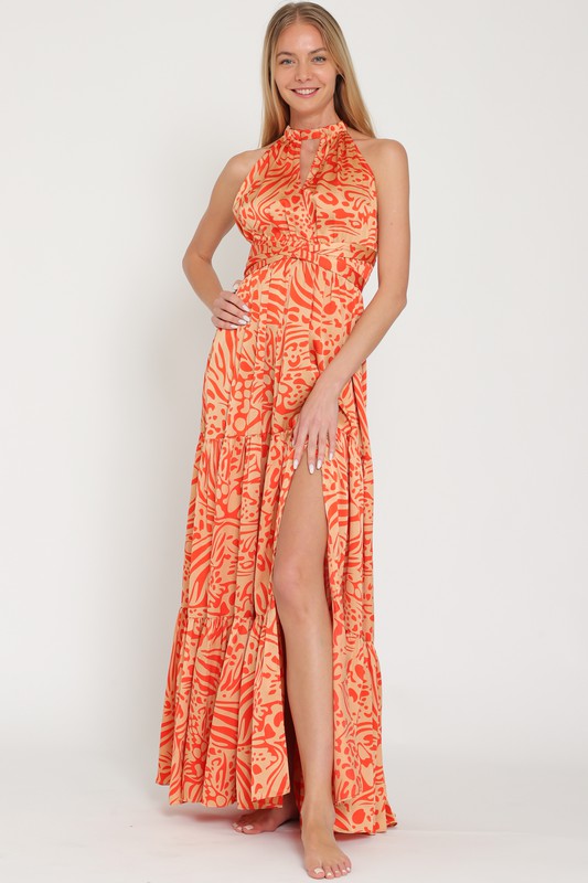 Camel/Coral Halter Back Cross Strap Tiered Maxi Dress  Aquarius Brand