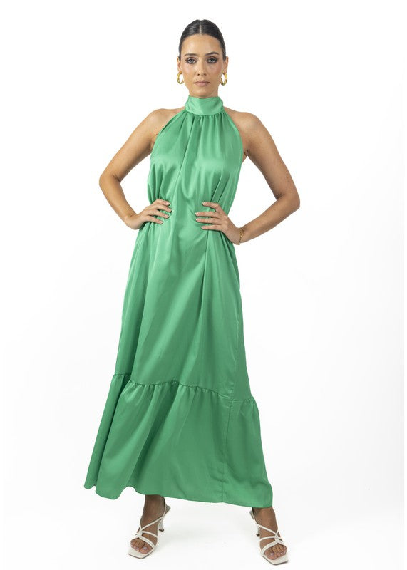 Green Nalory Satin Silk Backless Maxi Dress In Green