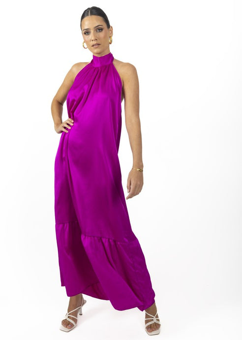 Violet Nalory Satin Silk Backless Maxi Dress In Green