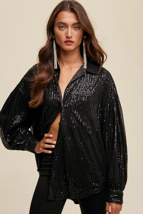 Black Oversized Sequin Button Down Shirt
